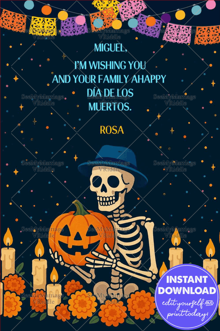 Pumpkin Día de los Muertos Card with Skeleton, Marigolds & Nighttime Papel Picado