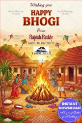 Bhogi Festival Greeting Card with Village Bonfire Celebration, Colorful Kite Flying, Decorated Mud Huts and Harvest Produce