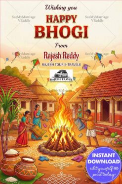 Bhogi Festival Greeting Card with Village Bonfire Celebration, Colorful Kite Flying, Decorated Mud Huts and Harvest Produce