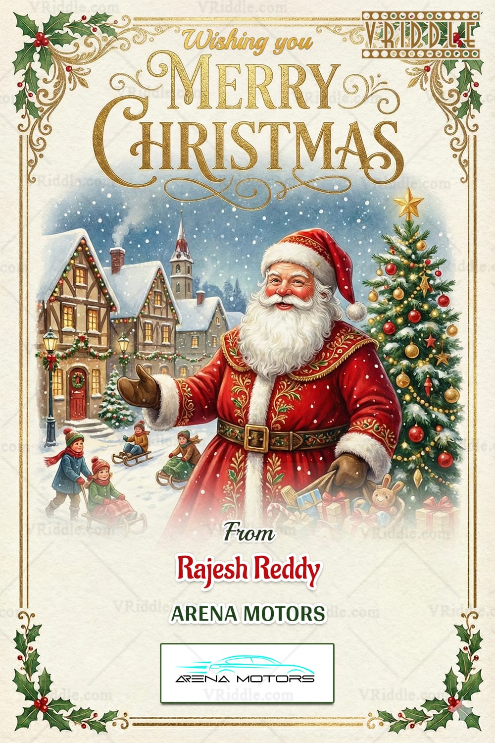 Vintage Santa Christmas Greeting Card – Snowy Village Scene with Santa Claus, Christmas Tree, Children Sledding