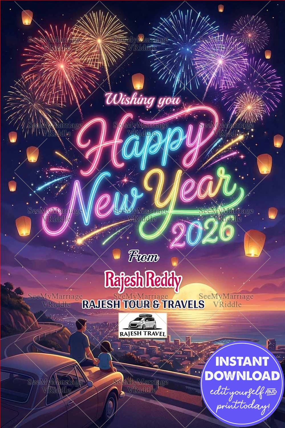 Cityscape View New Year Greeting Card with Add Company Logo and Colorful Fireworks