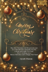 Golden Glow Christmas Greeting Card with Ornaments and Festive Lights