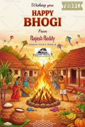 Bhogi Festival Greeting Card with Village Bonfire Celebration, Colorful Kite Flying, Decorated Mud Huts and Harvest Produce