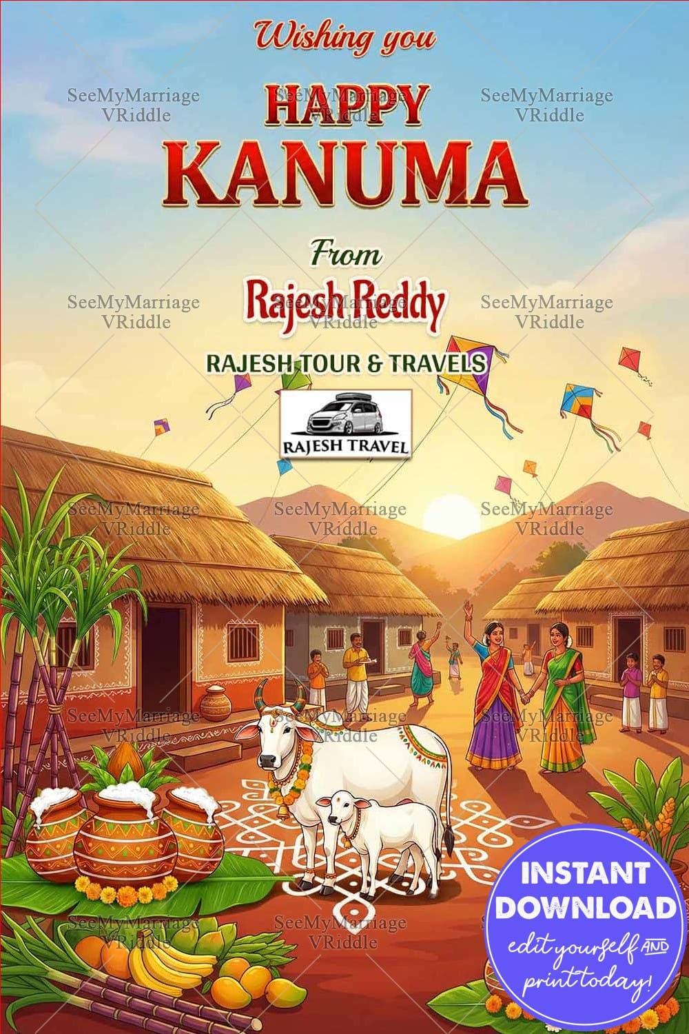 Happy Kanuma Festival Greeting Card with Decorated Cattle, Village Huts, Pots and Sugarcane