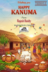 Happy Kanuma Festival Greeting Card with Decorated Cattle, Village Huts, Pots and Sugarcane