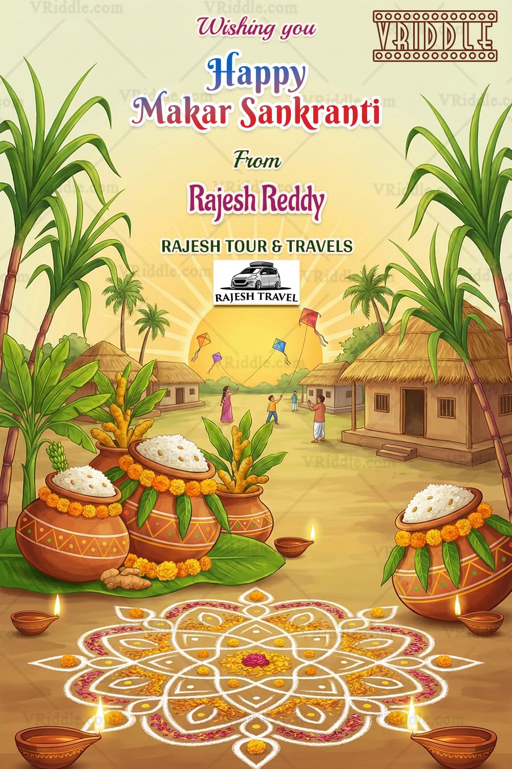 Village Theme Makar Sankranti Greeting Card with Festive Rangoli, Pots and Kite Celebration Illustration