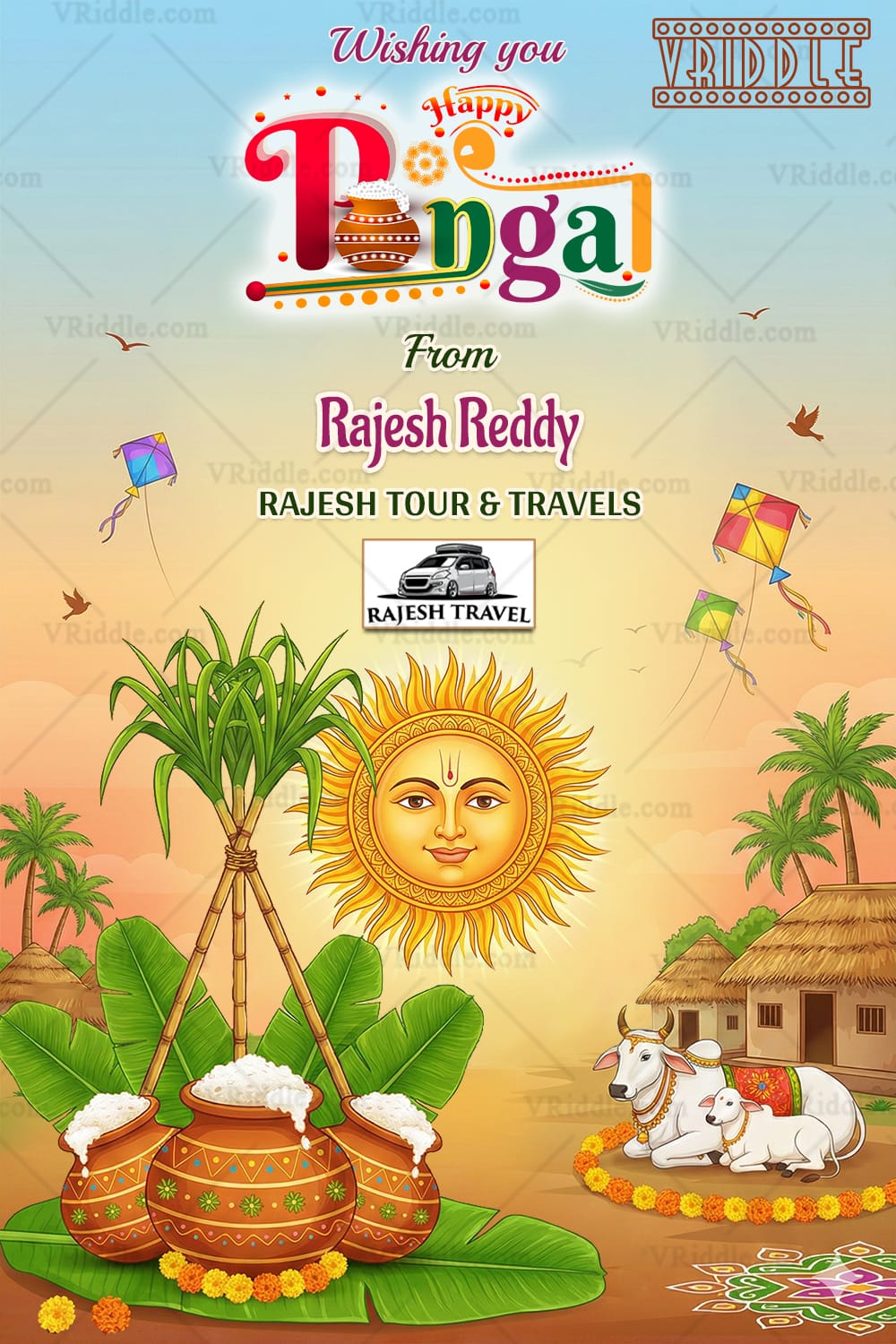 Pongal Celebration Greeting Card with Overflowing Clay Pots, Radiant Sun, Sugarcane and Village Vibes