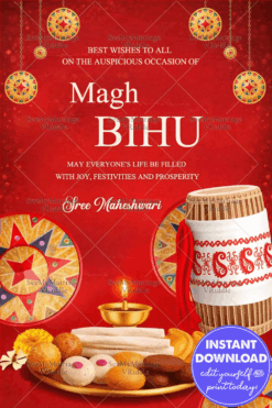 Magh Bihu Greeting Wishes with Traditional Assamese Flavors and Festive Decor