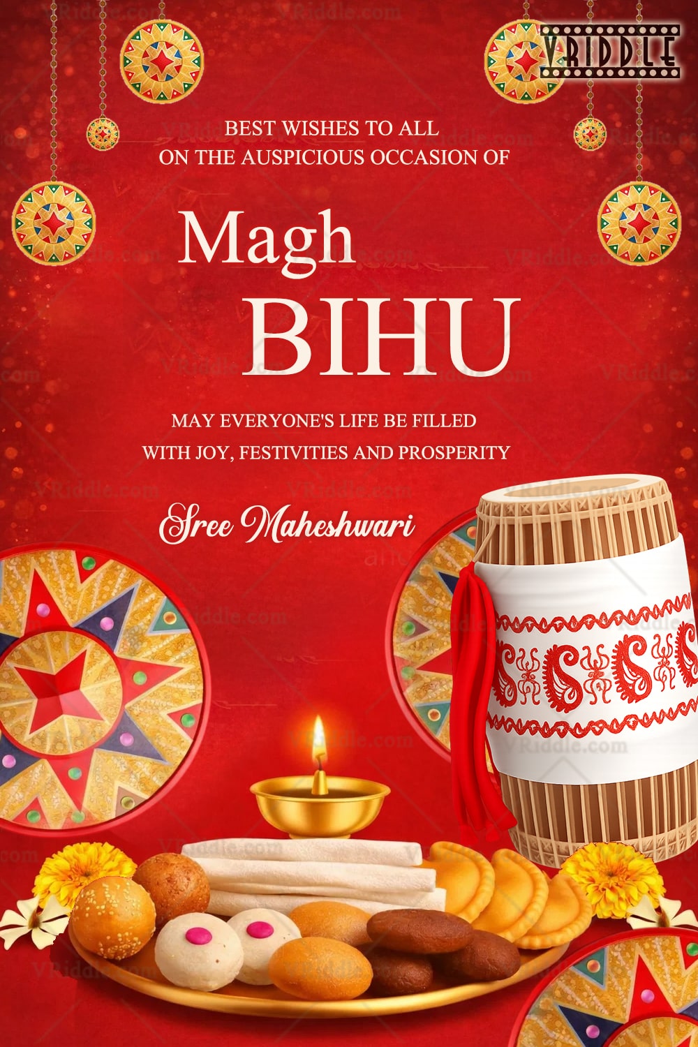 Magh Bihu Greeting Wishes with Traditional Assamese Flavors and Festive Decor