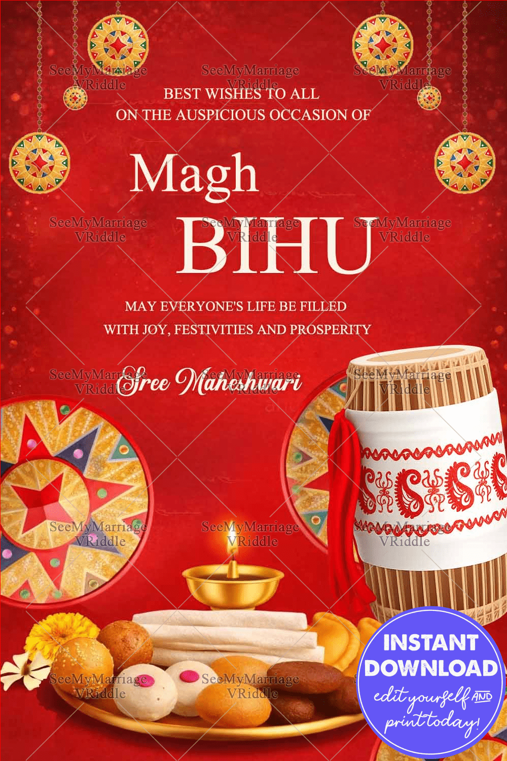 Magh Bihu Greeting Wishes with Traditional Assamese Flavors and Festive Decor
