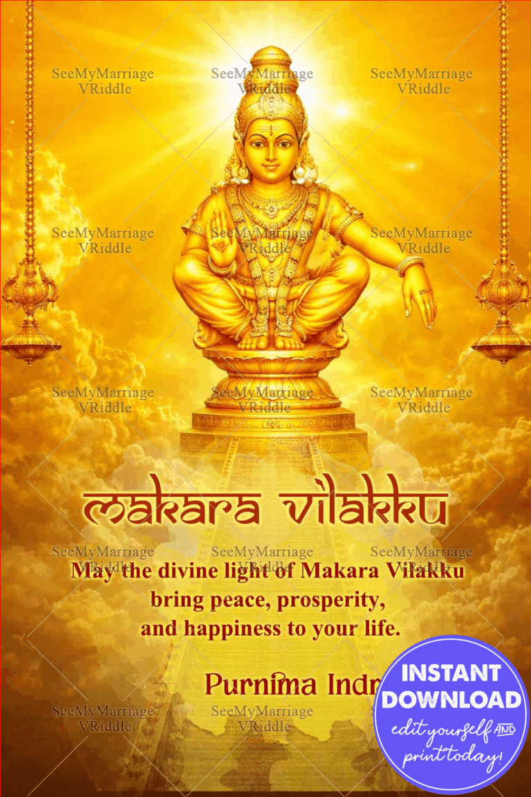 Makara Vilakku Divine Golden Greeting Card with Sacred Ayyappa Idol, Celestial Glow and Temple Lamps