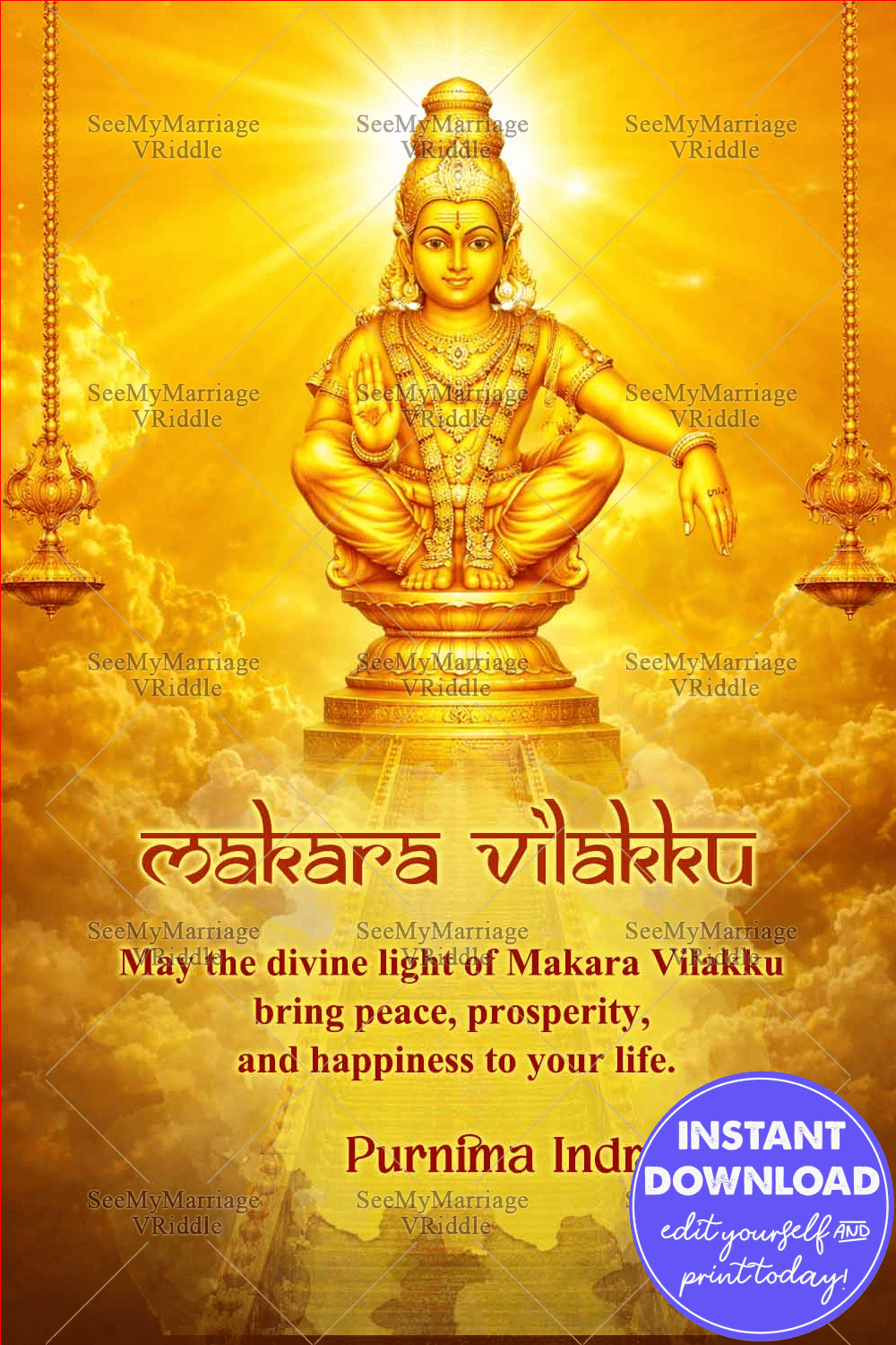 Makara Vilakku Divine Golden Greeting Card with Sacred Ayyappa Idol, Celestial Glow and Temple Lamps
