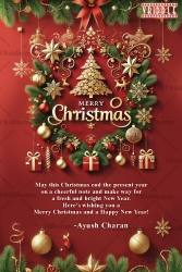 Red and Gold Christmas Card with Ornamental Tree and Holiday Festive Garland