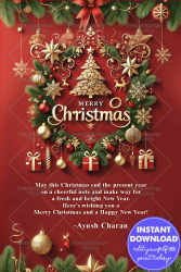 Red and Gold Christmas Card with Ornamental Tree and Holiday Festive Garland