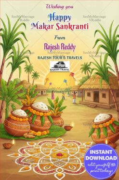 Village Theme Makar Sankranti Greeting Card with Festive Rangoli, Pots and Kite Celebration Illustration