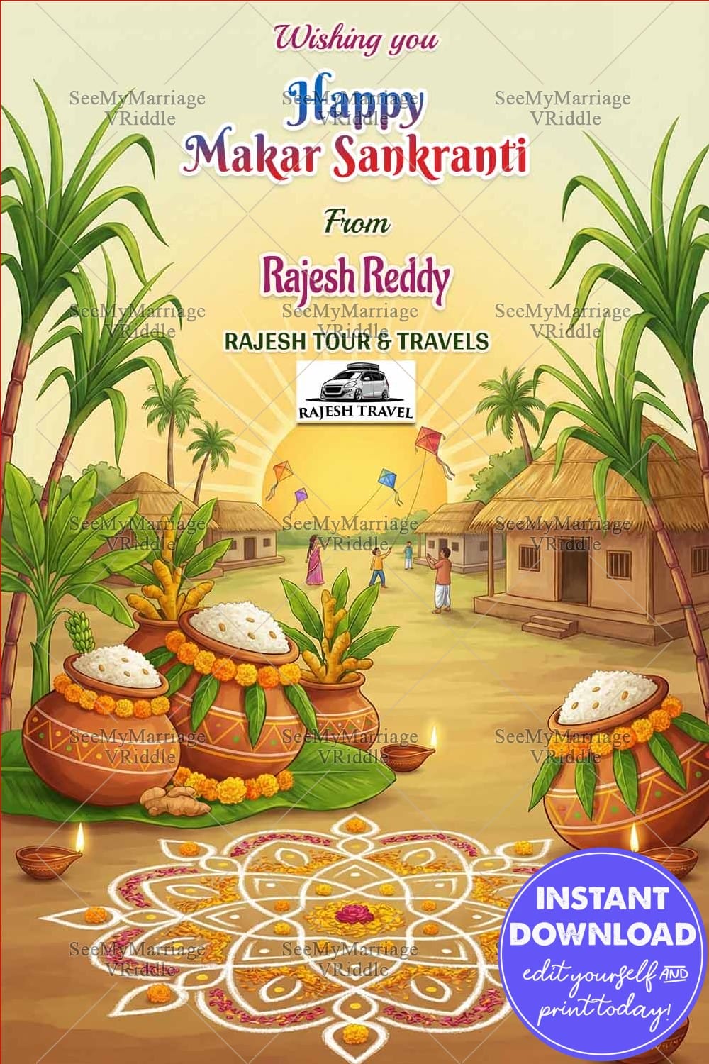 Village Theme Makar Sankranti Greeting Card with Festive Rangoli, Pots and Kite Celebration Illustration