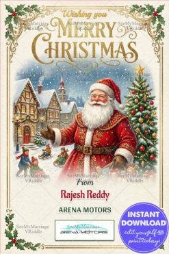 Vintage Santa Christmas Greeting Card – Snowy Village Scene with Santa Claus, Christmas Tree, Children Sledding
