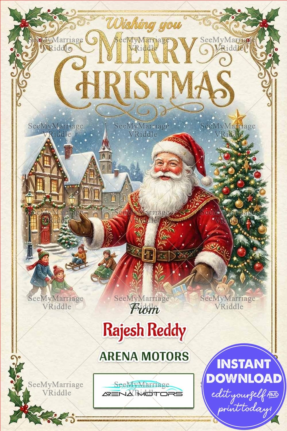 Vintage Santa Christmas Greeting Card – Snowy Village Scene with Santa Claus, Christmas Tree, Children Sledding