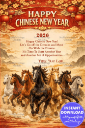Chinese New Year 2026 Greeting Card with Running Horses, Lanterns & Mountain Landscape
