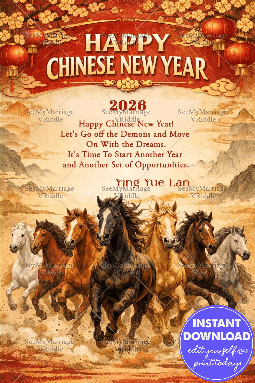 Chinese New Year 2026 Greeting Card with Running Horses, Lanterns & Mountain Landscape