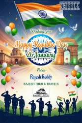 Patriotic Republic Day Greeting Card with Waving Indian Tricolour, India Gate & Rashtrapati Bhavan Illustration and Saluting Silhouettes