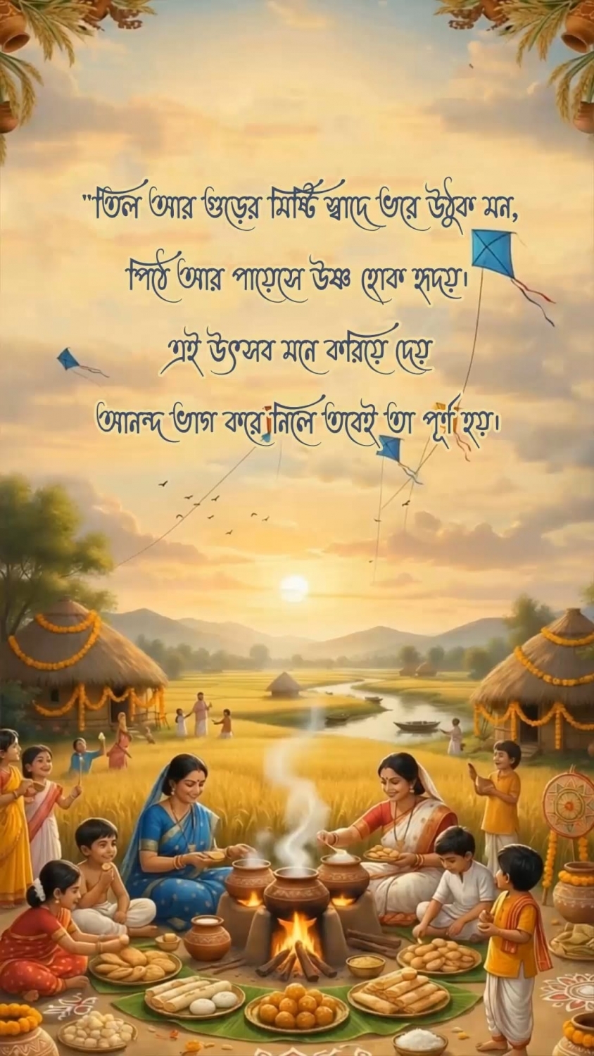 Bengali Poush Parbon Greeting video with Village Harvest Scene, Family Pitha Celebration and Flying Kites