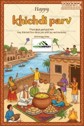Family Gathering Happy Khichdi Parv Traditional Greeting Card with River Ghats, Kite Flying and Steaming Clay Pot of Khichdi