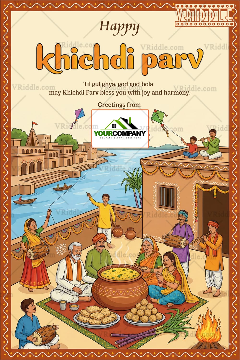 Family Gathering Happy Khichdi Parv Traditional Greeting Card with River Ghats, Kite Flying and Steaming Clay Pot of Khichdi