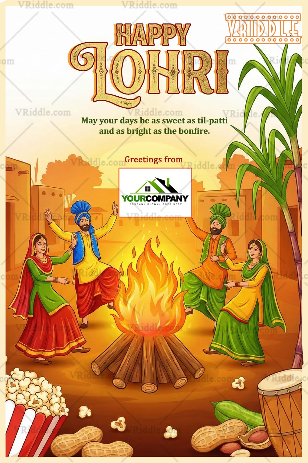 Happy Lohri Celebration Greeting Card with Radiant Bonfire, Colorful Punjabi Bhangra & Giddha Dancers