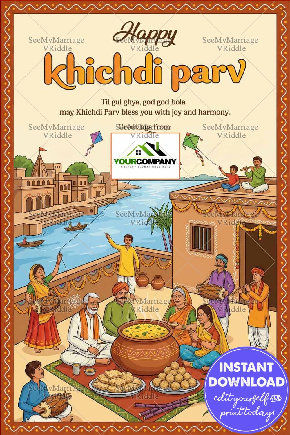 Family Gathering Happy Khichdi Parv Traditional Greeting Card with River Ghats, Kite Flying and Steaming Clay Pot of Khichdi