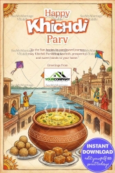 Happy Khichdi Parv Greeting Card Showcasing a Steaming Clay Pot of Khichdi on River Ghats and Colorful Kites in the Sky