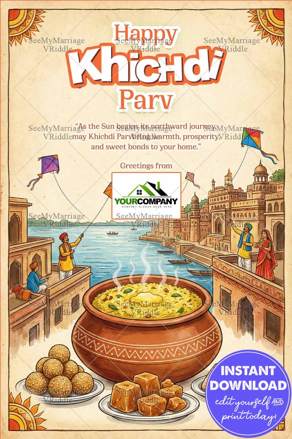 Happy Khichdi Parv Greeting Card Showcasing a Steaming Clay Pot of Khichdi on River Ghats and Colorful Kites in the Sky
