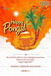 Happy Pongal Banner with Decorative Pongal Pot, Sugarcane Stalks, Golden Harvest Motifs, Rising Sun & Festive Orange Watercolor Background