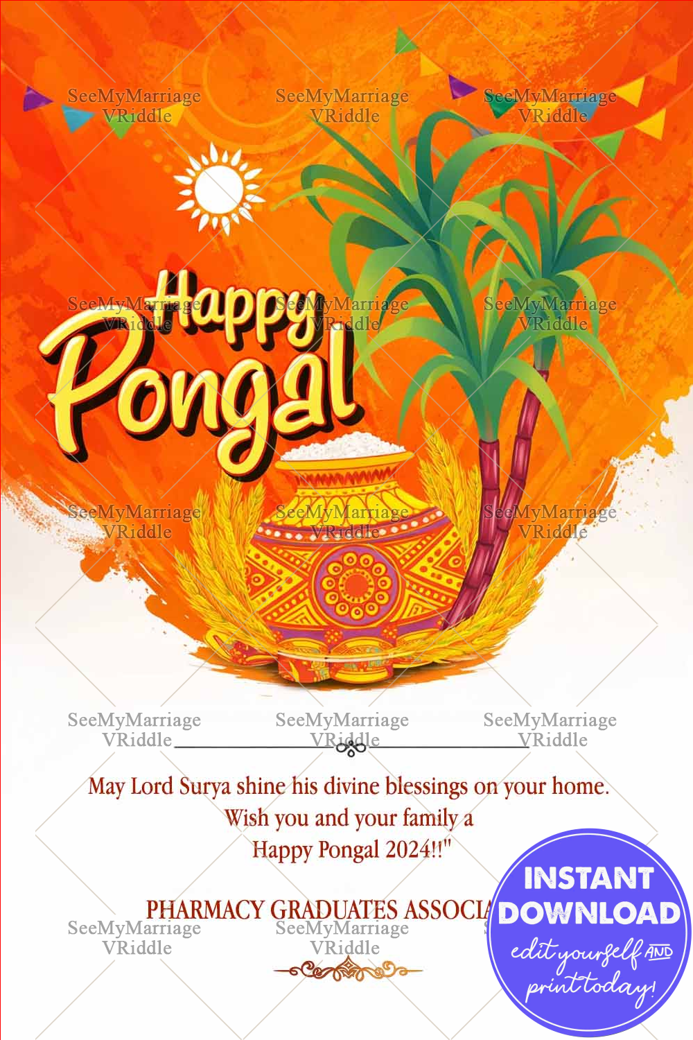 Happy Pongal Banner with Decorative Pongal Pot, Sugarcane Stalks, Golden Harvest Motifs, Rising Sun & Festive Orange Watercolor Background