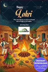 Joyful Lohri Celebration Greeting Card with Vibrant Punjabi Folk Dance, Glowing Bonfire, Dhol Beats and Traditional Village Huts Joyful Lohri Celebration Greeting Card with Vibrant Punjabi Folk Dance, Glowing Bonfire, Dhol Beats and Traditional Village Huts