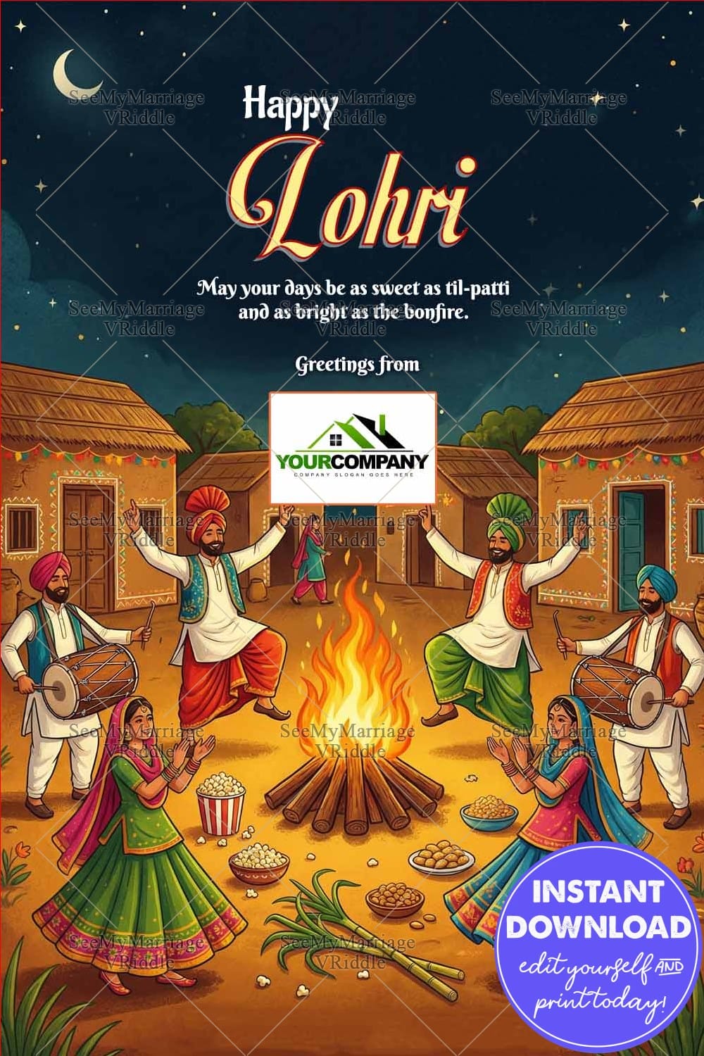 Joyful Lohri Celebration Greeting Card with Vibrant Punjabi Folk Dance, Glowing Bonfire, Dhol Beats and Traditional Village Huts