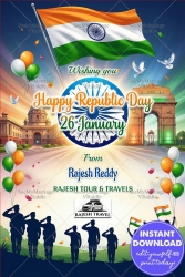 Patriotic Republic Day Greeting Card with Waving Indian Tricolour, India Gate & Rashtrapati Bhavan Illustration and Saluting Silhouettes