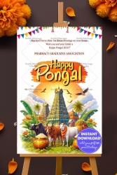 Pongal Banner with Majestic South Indian Temple, Sacred Cattle, Pongal Pots, Rising Sun & Festive Bunting Decor