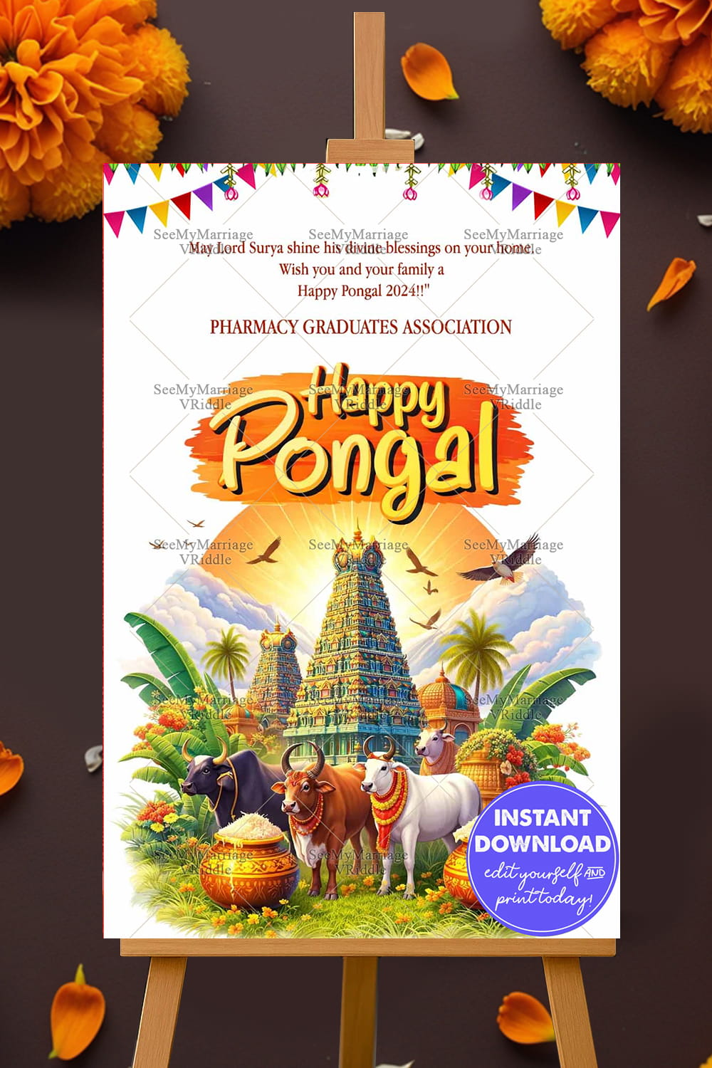 Pongal Banner with Majestic South Indian Temple, Sacred Cattle, Pongal Pots, Rising Sun & Festive Bunting Decor