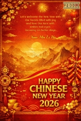 Red & Gold Chinese New Year Greeting Card with Fireworks, Lanterns, Mountain Sunrise & Traditional Prosperity Symbols