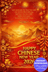 Red & Gold Chinese New Year Greeting Card with Fireworks, Lanterns, Mountain Sunrise & Traditional Prosperity Symbols