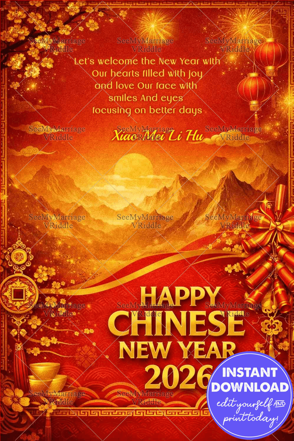 Red & Gold Chinese New Year Greeting Card with Fireworks, Lanterns, Mountain Sunrise & Traditional Prosperity Symbols