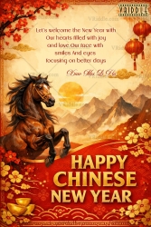 Red & Gold Chinese New Year Greeting Card with Majestic Horse Illustration, Lantern Accents & Golden Sunrise