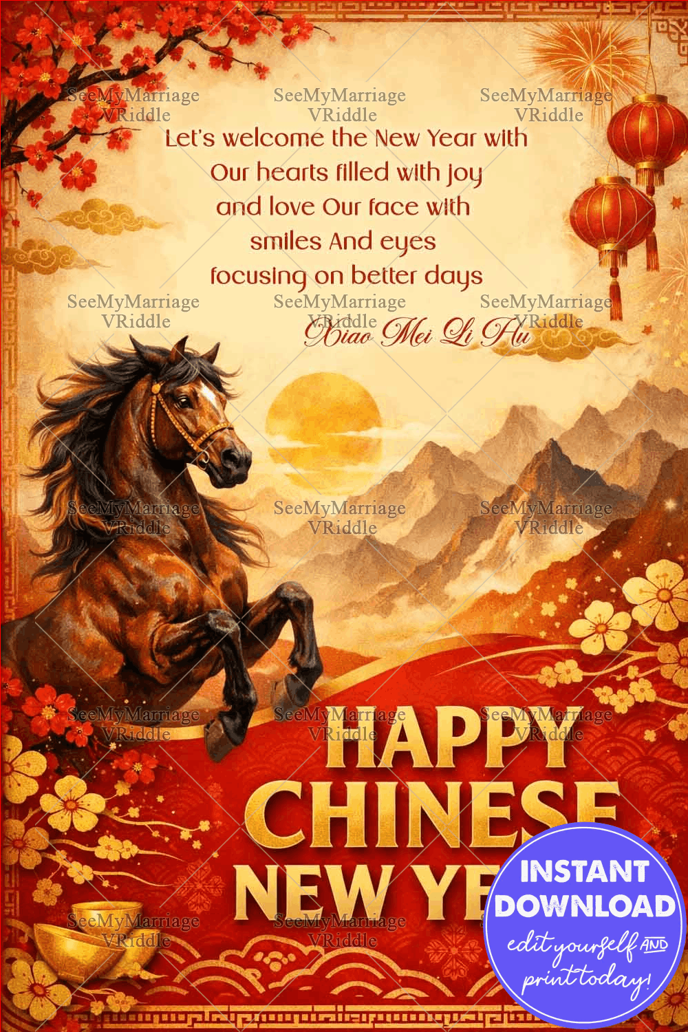 Red & Gold Chinese New Year Greeting Card with Majestic Horse Illustration, Lantern Accents & Golden Sunrise