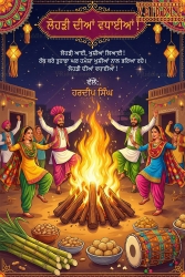 Punjabi Lohri Celebration Greeting Card with Bonfire Bhangra Dance and Colorful Phulkari Attire