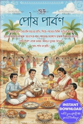 Village Theme Bengali Poush Parbon Greeting Card with Traditional Food, Music and Market Scenes