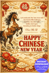 Vintage Chinese New Year Greeting Card with Majestic Horse, Lucky “Fu” Symbol, Red Lanterns & Traditional Prosperity Elements