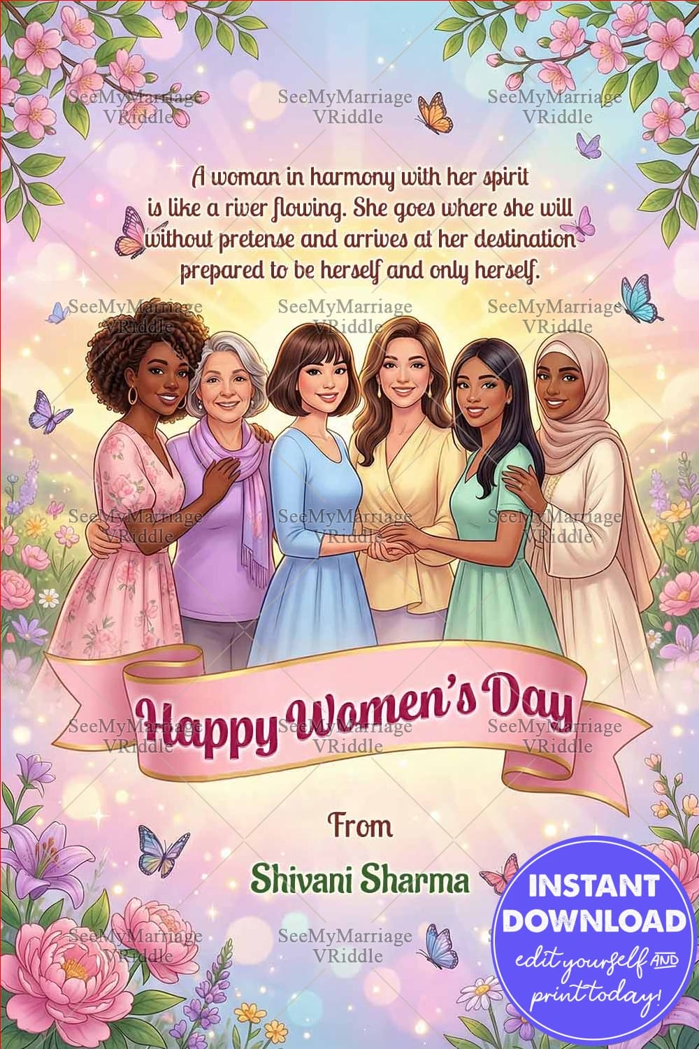 A Beautiful Happy Women’s Day Celebration Card with Diverse Women Illustration, Butterflies and Soft Pastel Glow