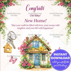 Congrats Greeting Housewarming Floral Cottage Card with Keys & Butterflies Congrats Greeting Housewarming Floral Cottage Card with Keys & Butterflies