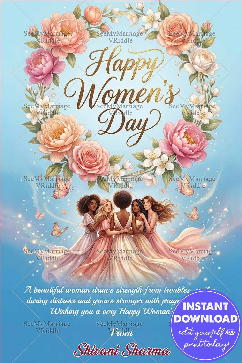 Dreamy Women’s Day Greeting Card with Floral Wreath and Sisterhood Illustration